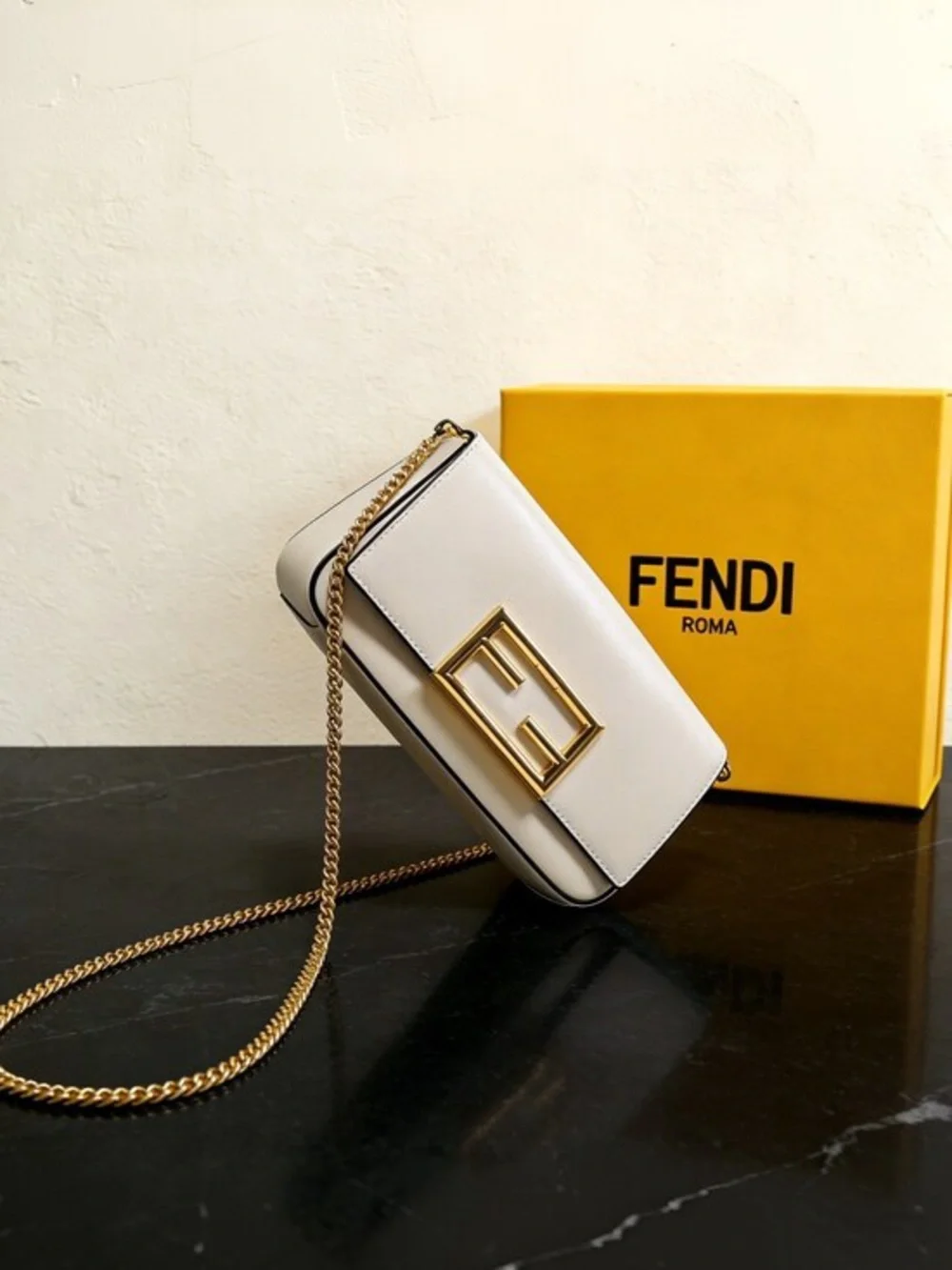 Fendi Cream Leather Shoulder Bag with Gold Chain and Logo Buckle